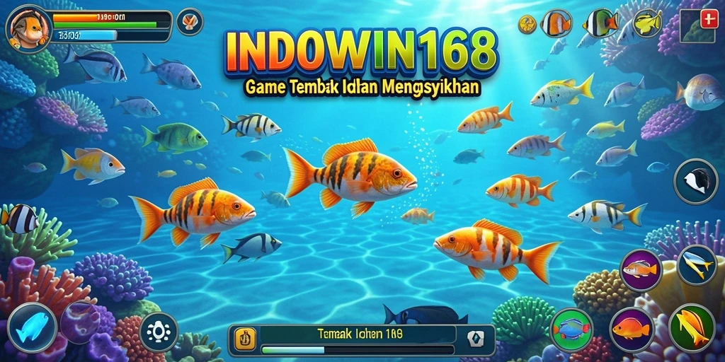 Tangkapan layar gameplay INDOWIN168 dengan berbagai ikan yang menunggu untuk ditembak.