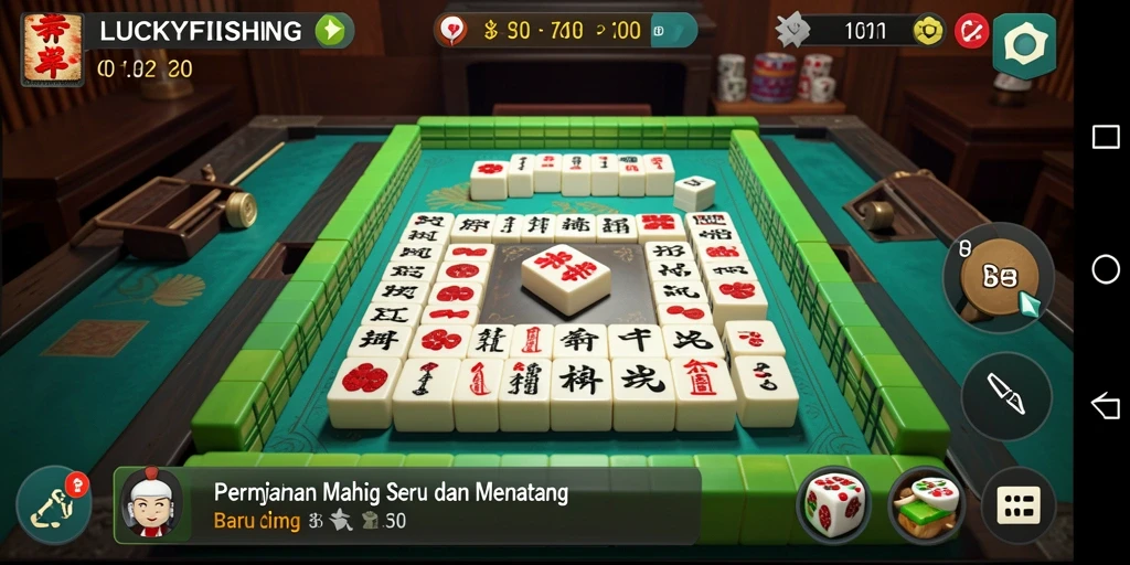 Tampilan gameplay LUCKYFISHING dengan grafis Mahjong yang menawan.